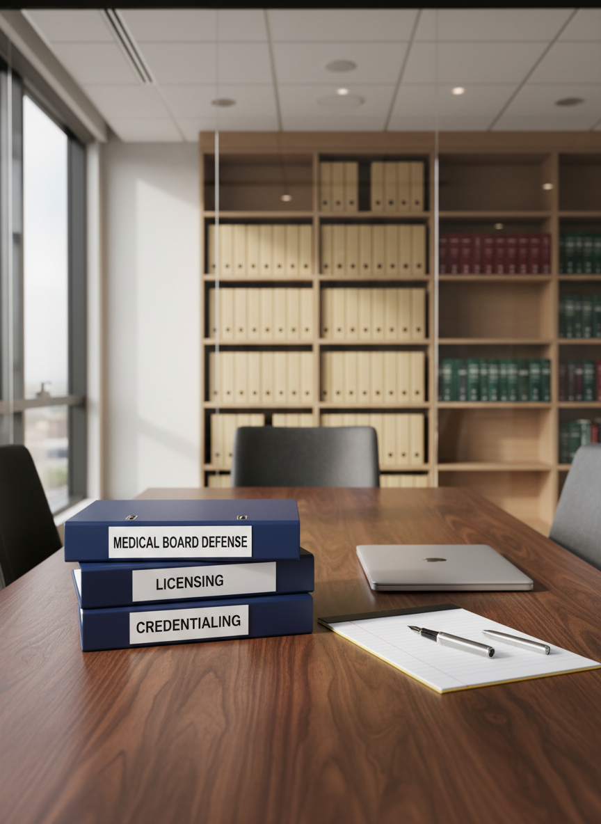 A polished walnut conference table meticulously arranged with a neat stack of thick legal binders labeled “Medical Board Defense,” “Licensing,” and “Credentialing,” next to a stainless steel fountain pen resting on a crisp legal pad. A closed silver laptop displays a faint reflection of the binders on its brushed metal surface. The scene is set in a modern, glass-walled law office with built-in shelves holding neatly organized case files and medical law reference books. Soft morning daylight filters through large windows, casting gentle, professional shadows. Captured at eye level with a shallow depth of field that keeps the table contents sharp and the background slightly blurred, the photographic realism conveys calm authority, precision, and quiet confidence.
