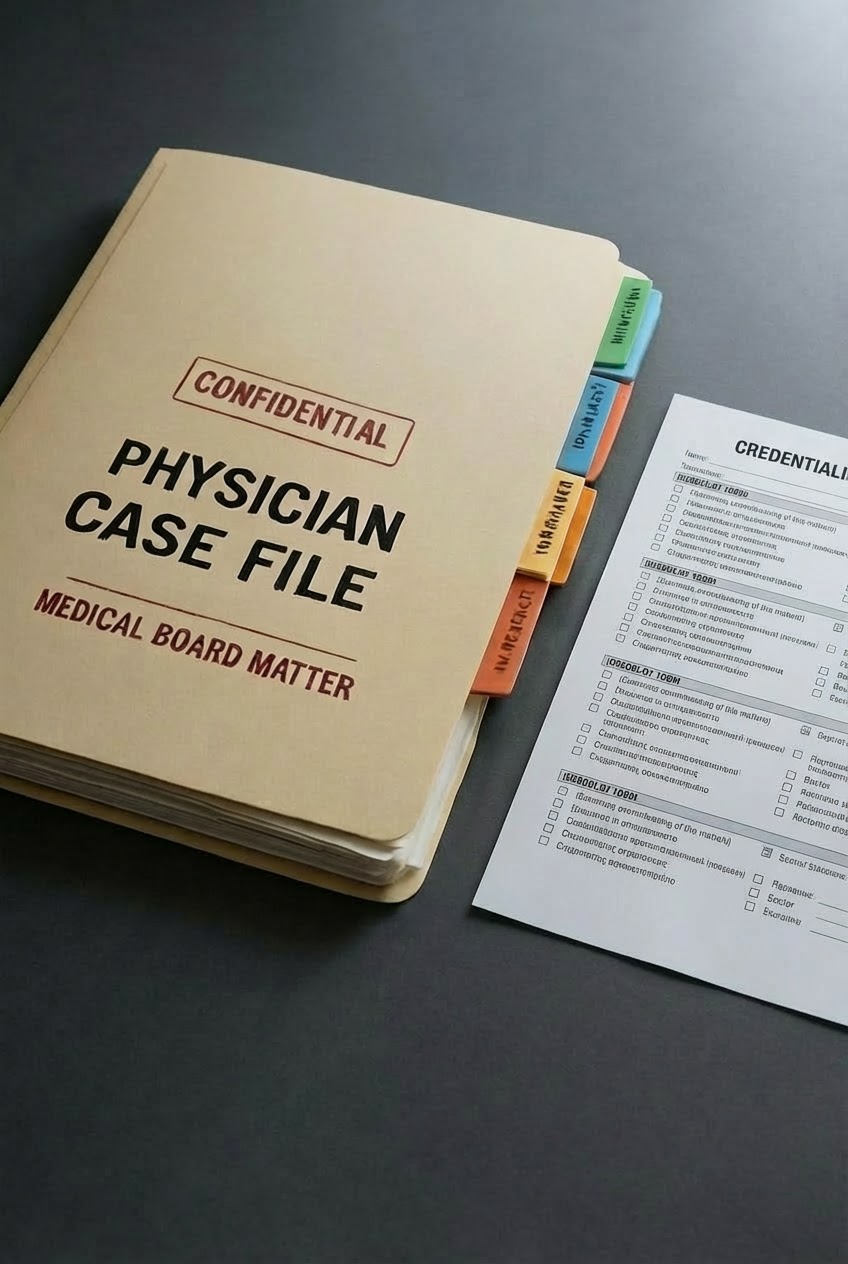 law corporation A close-up of a meticulously organized physician’s case file on a sleek, dark gray desk, featuring a thick manila folder stamped “Confidential – Medical Board Matter,” color-coded tabs protruding from the edges, and neatly clipped exhibits including lab reports and hospital correspondence. A small brass scales-of-justice paperweight anchors a stack of supporting documents, while a medical credentialing checklist lies partially completed nearby. Cool, diffused daylight from an unseen window illuminates the paperwork, creating subtle highlights on the paper texture and soft shadows under each item. Shot from a slightly elevated angle in crisp photographic realism, the composition follows the rule of thirds, emphasizing the sense of order, diligence, and thorough preparation within a professional legal setting.