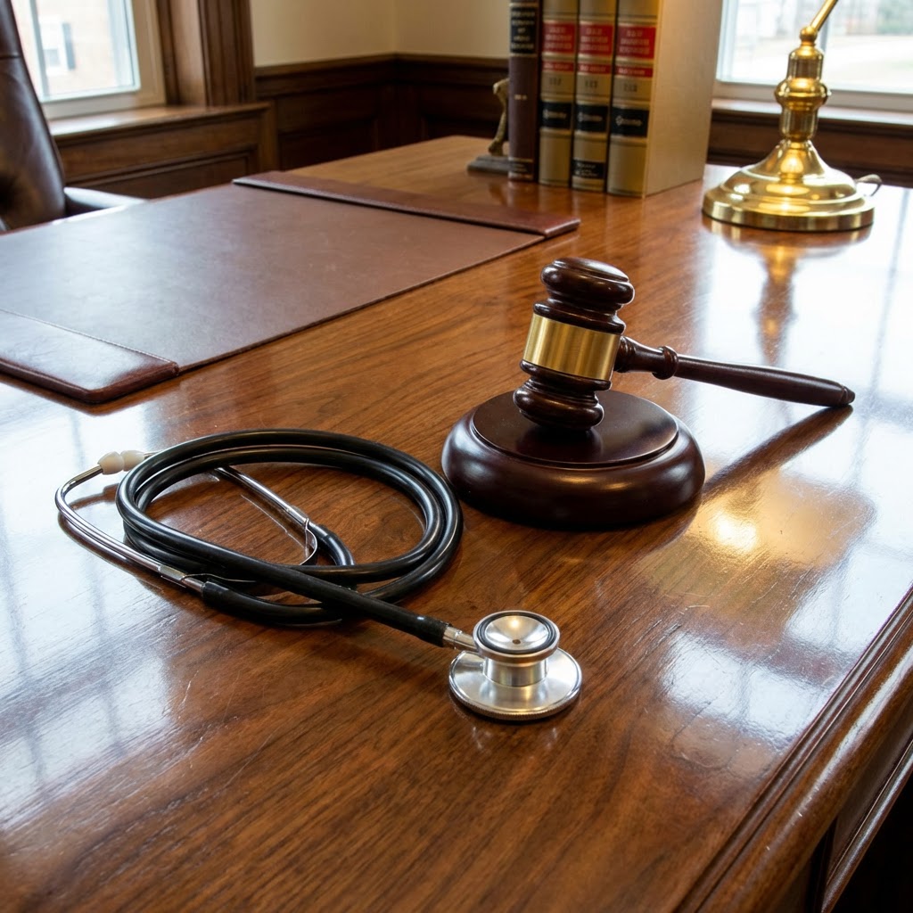 Stethoscope and wooden gavel on a polished desk with law books in the background.