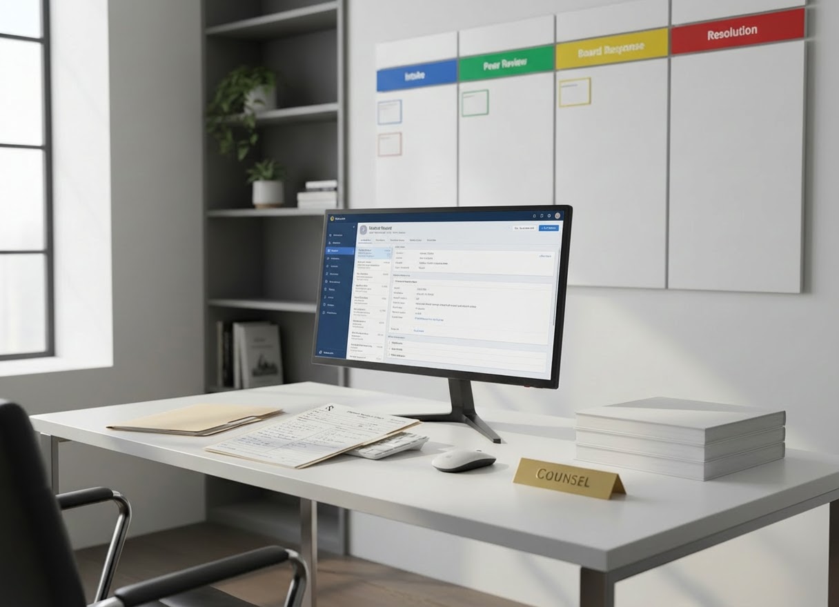 law corporation A pristine white desk in a contemporary law office, featuring a structured, color-coded workflow board mounted on the wall behind it, labeled stages such as “Intake,” “Peer Review,” “Board Response,” and “Resolution.” On the desk, a slim monitor displays a detailed timeline for a medical licensing case, alongside a neatly aligned keyboard, a small stack of neatly bound case summaries, and a discreet brass desk nameplate engraved only with “Counsel.” Soft, even daylight pours through a nearby window, illuminating the matte surface of the desk and creating subtle reflections on the monitor. Shot from a three-quarter angle with moderate depth of field, the photographic realism emphasizes organization, strategic planning, and a calm, controlled atmosphere.